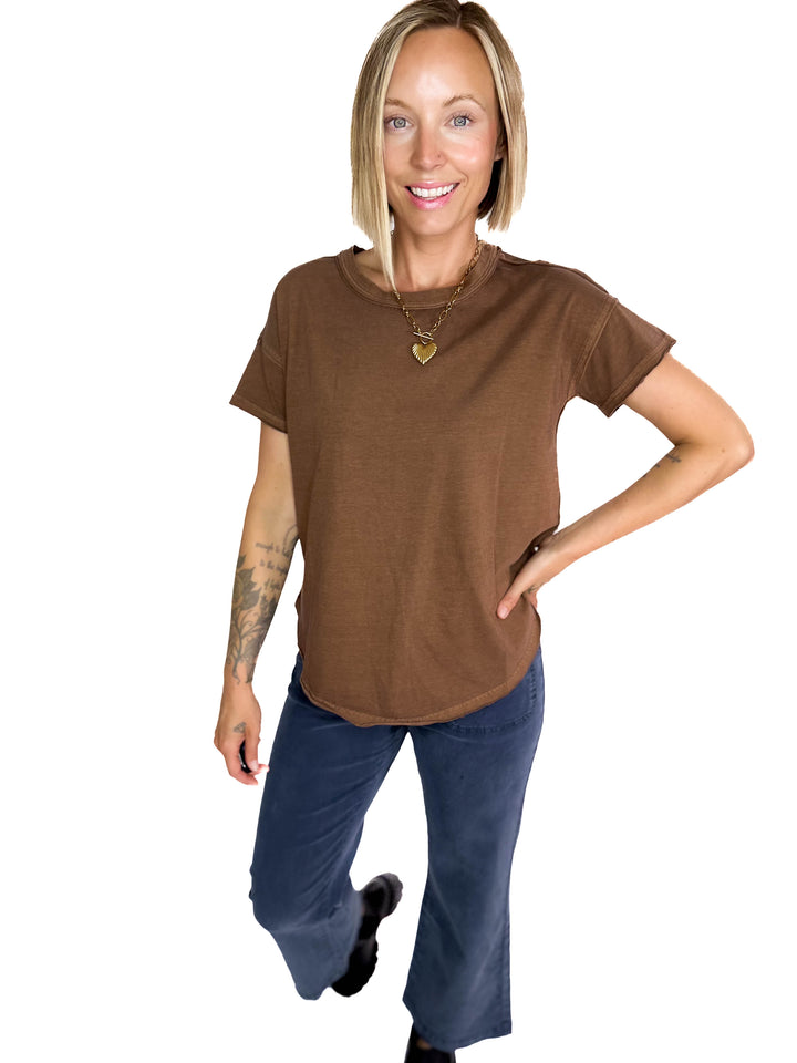 Soleen Exposed Seam Cotton Top- BROWN