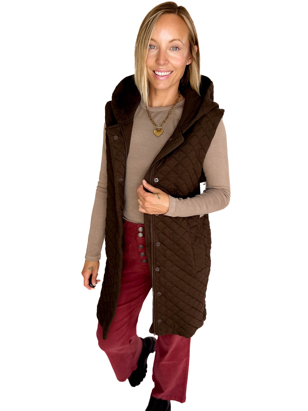 MONO B Solana Longline Quilted Vest- ESPRESSO