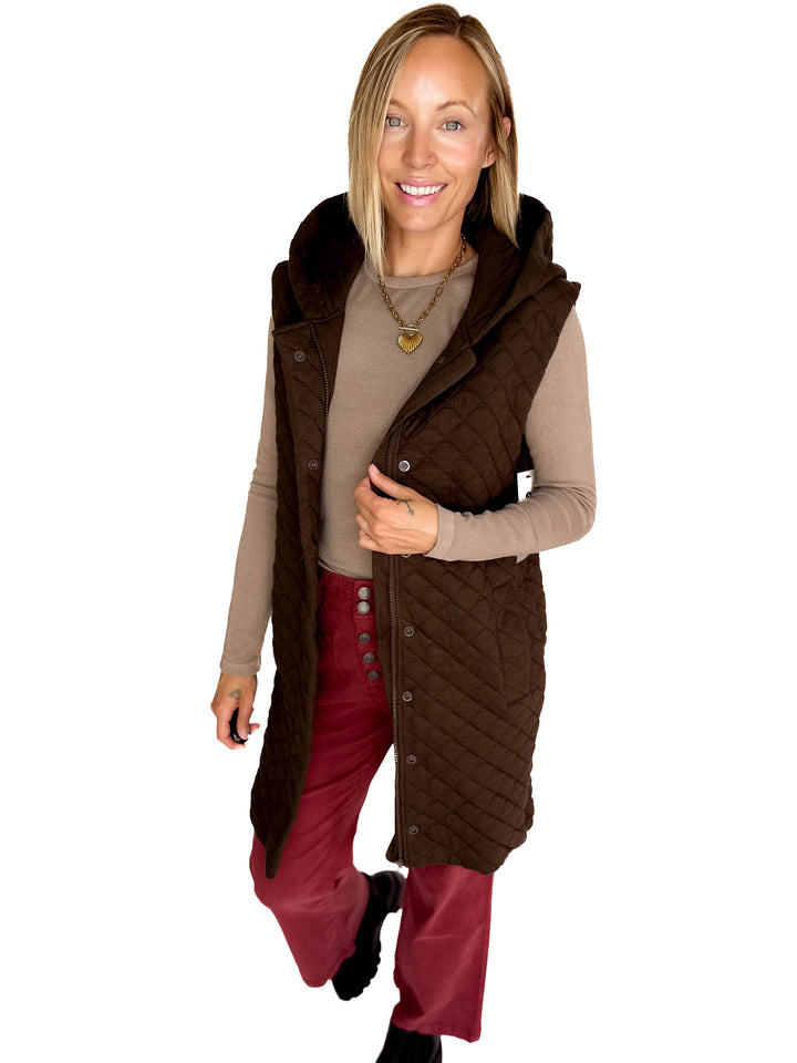 MONO B Solana Longline Quilted Vest- ESPRESSO