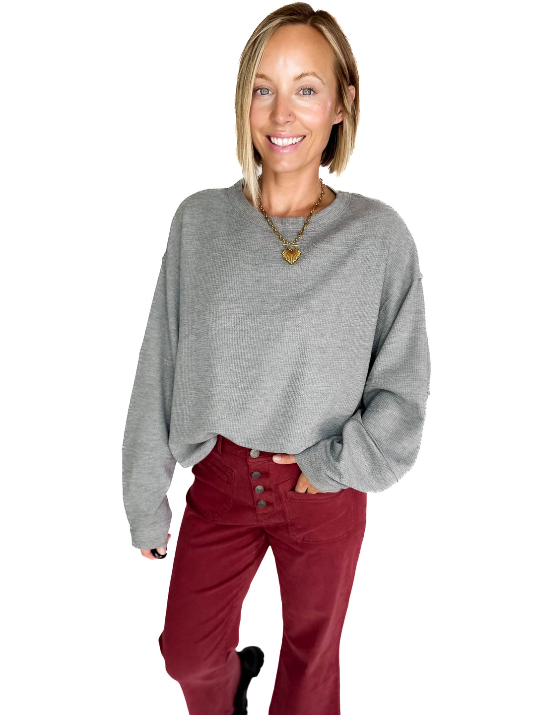 Alessia Waffle Long Sleeve- HTHR GREY