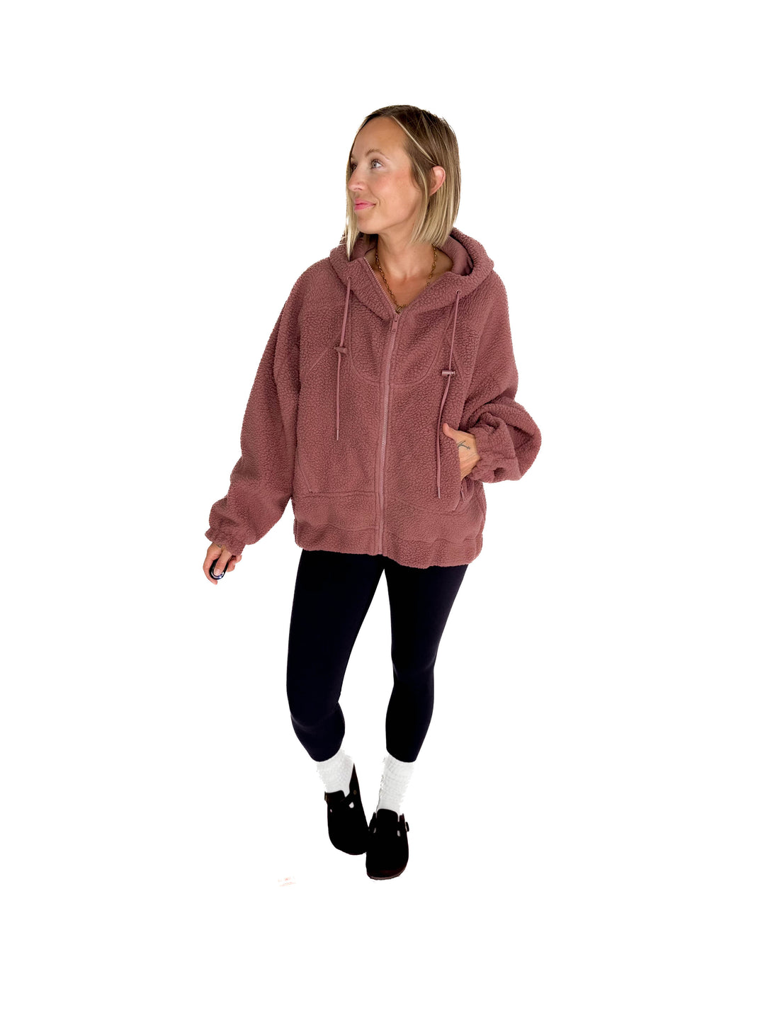 MONO B Oversized Alpine Fleece Zip Up Hoodie- ROSE TAUPE