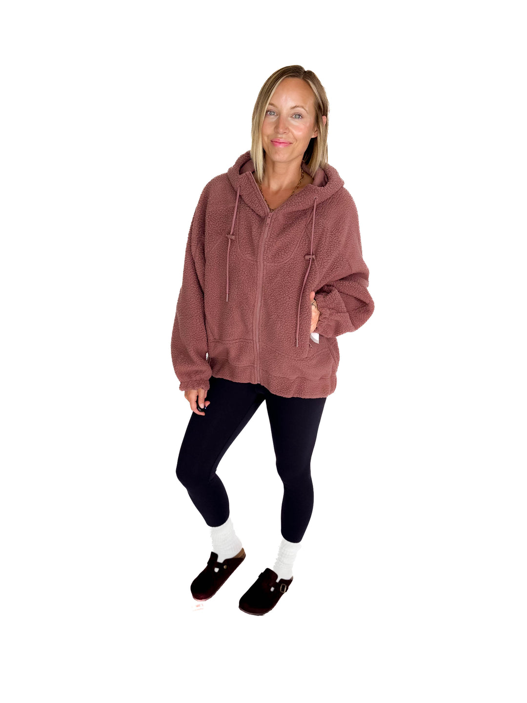 MONO B Oversized Alpine Fleece Zip Up Hoodie- ROSE TAUPE