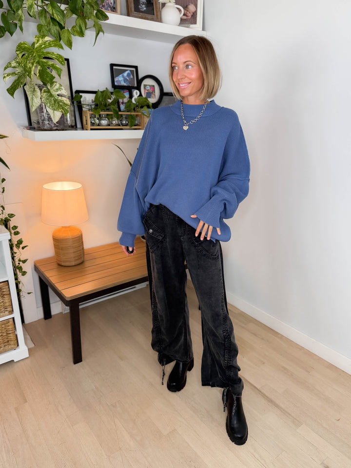 Frosted Pines Oversized Side Slit Sweater- DUSTY BLUE