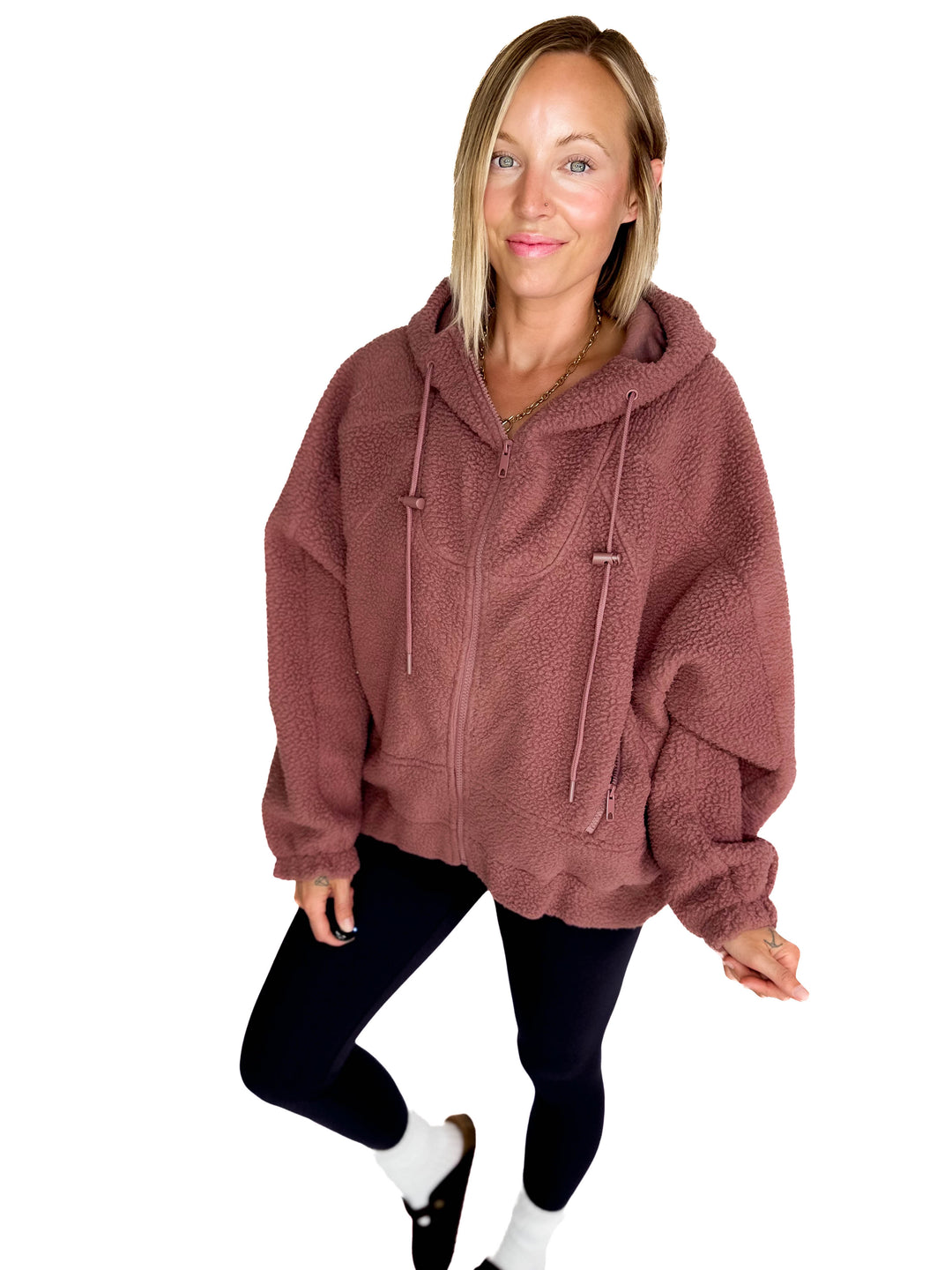 MONO B Oversized Alpine Fleece Zip Up Hoodie- ROSE TAUPE