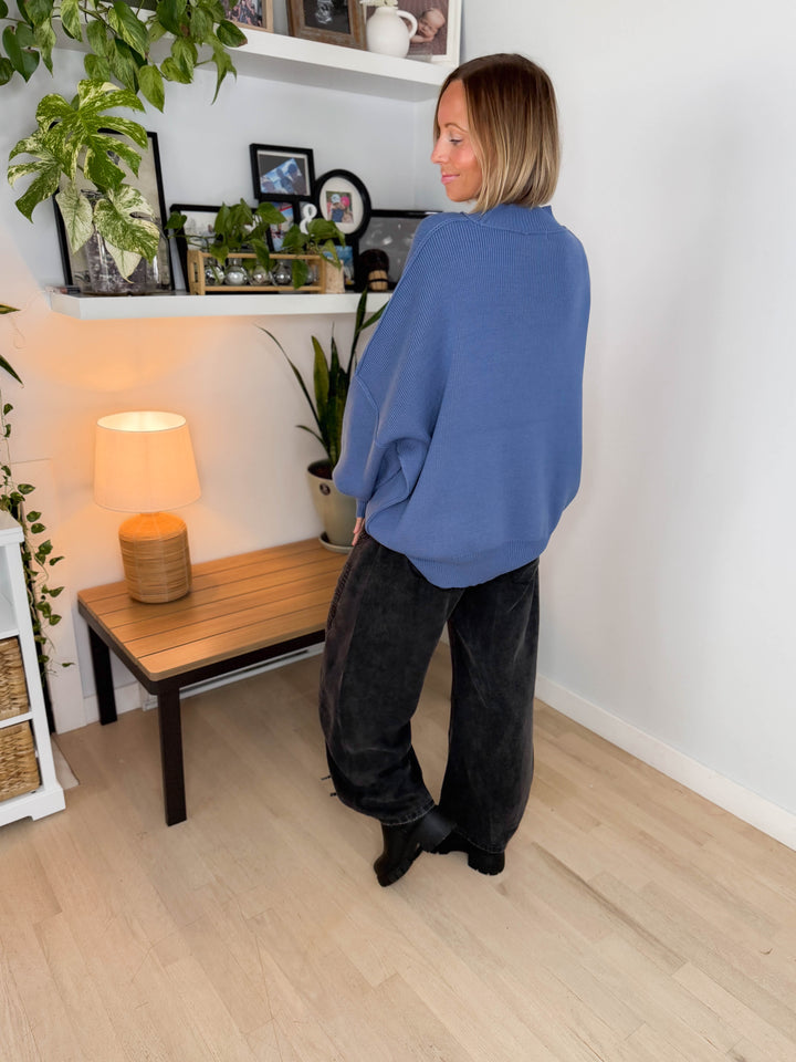 Frosted Pines Oversized Side Slit Sweater- DUSTY BLUE