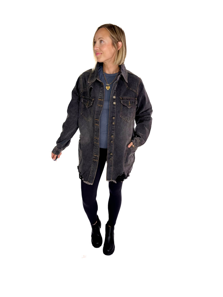Benton Distressed Denim Jacket- BLACK