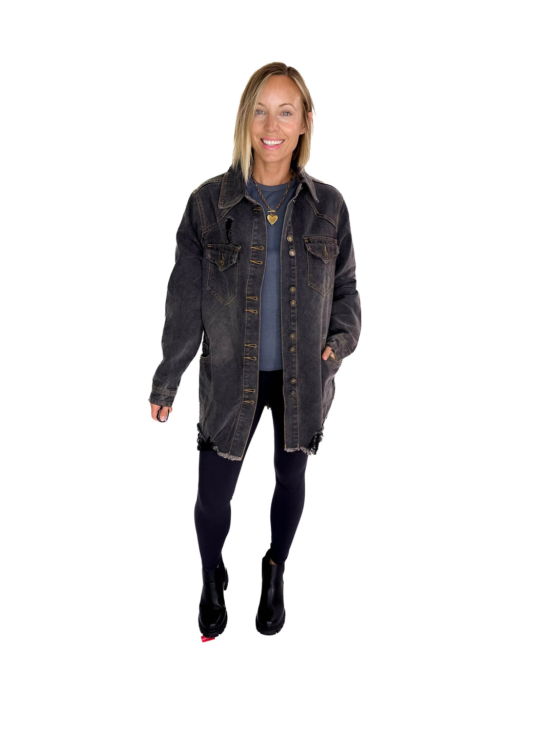 Benton Distressed Denim Jacket- BLACK
