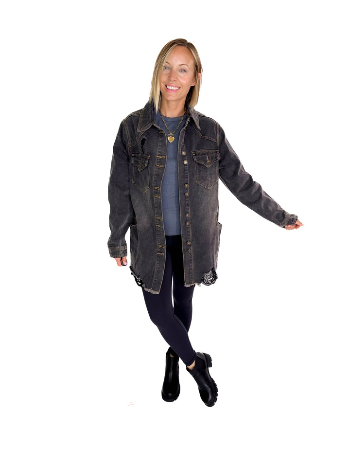 Benton Distressed Denim Jacket- BLACK