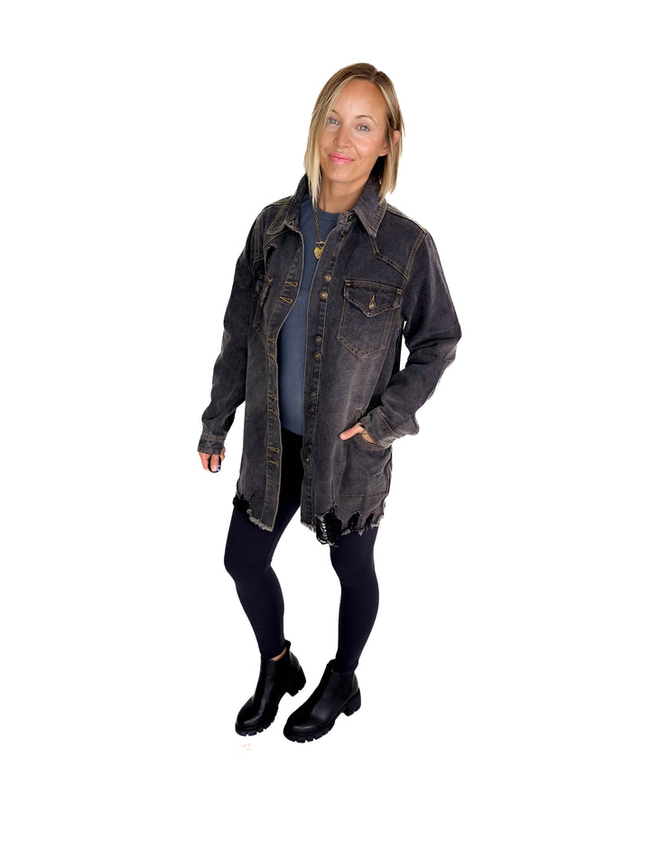 Benton Distressed Denim Jacket- BLACK