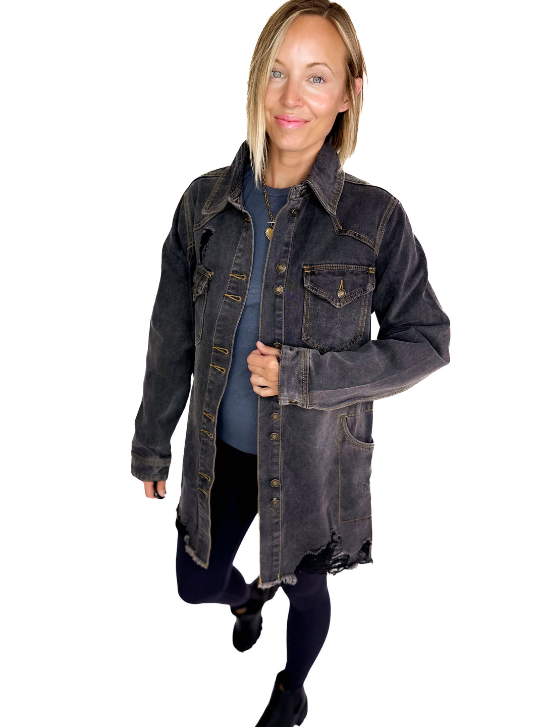 Benton Distressed Denim Jacket- BLACK