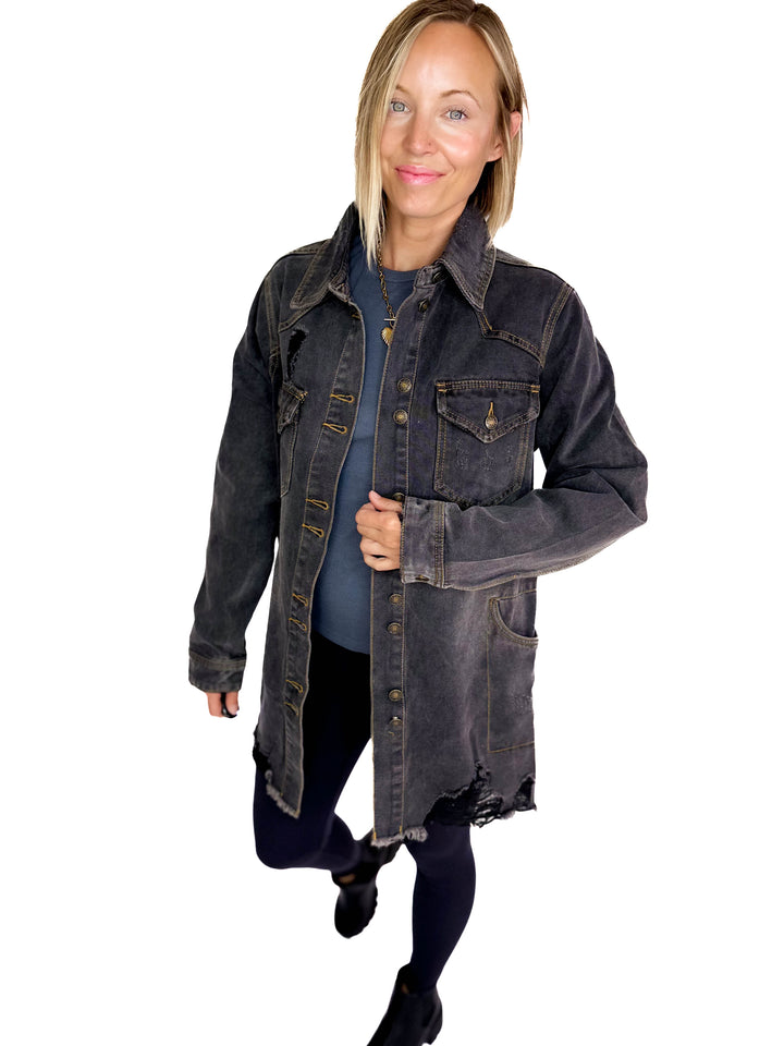 Benton Distressed Denim Jacket- BLACK