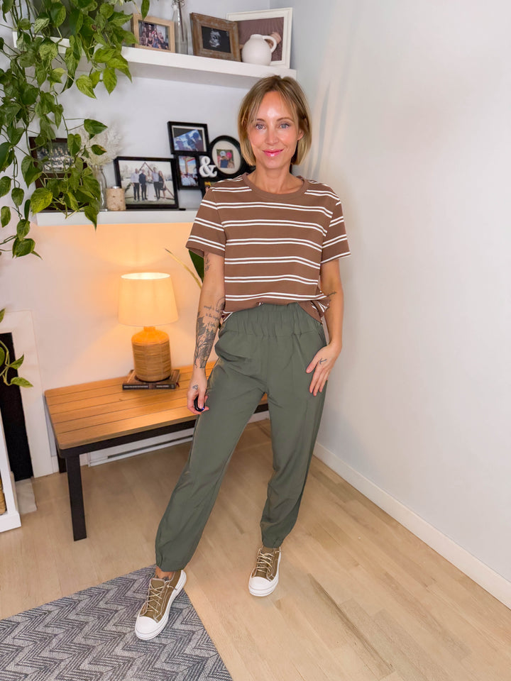 Tae Striped Cotton Blend Tee- BROWN