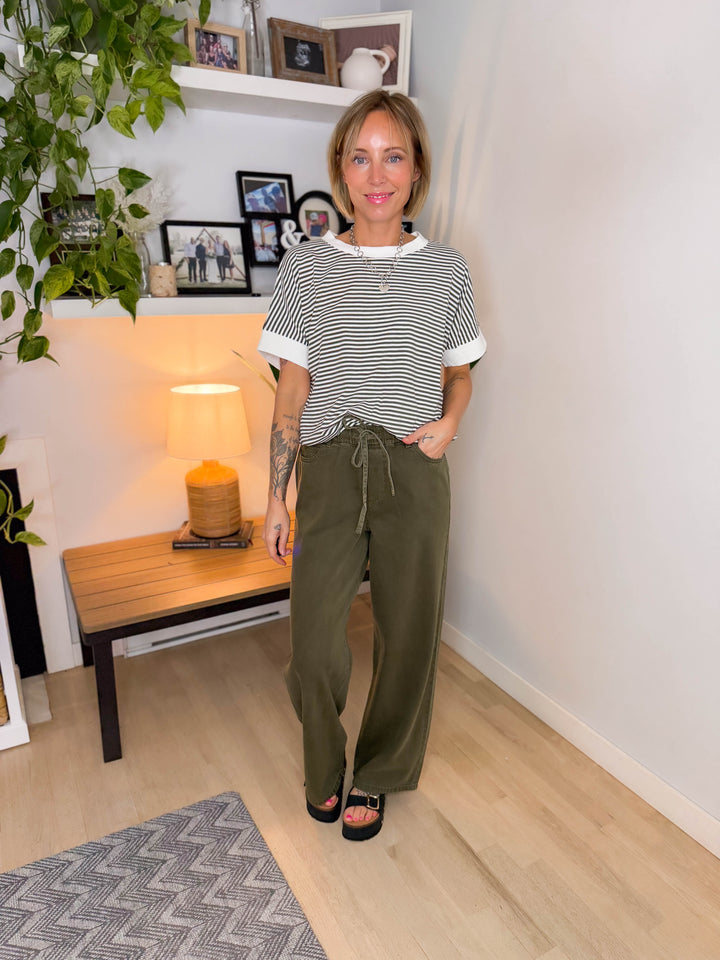 Casey Striped 1/2 Sleeve Top- DARK OLIVE