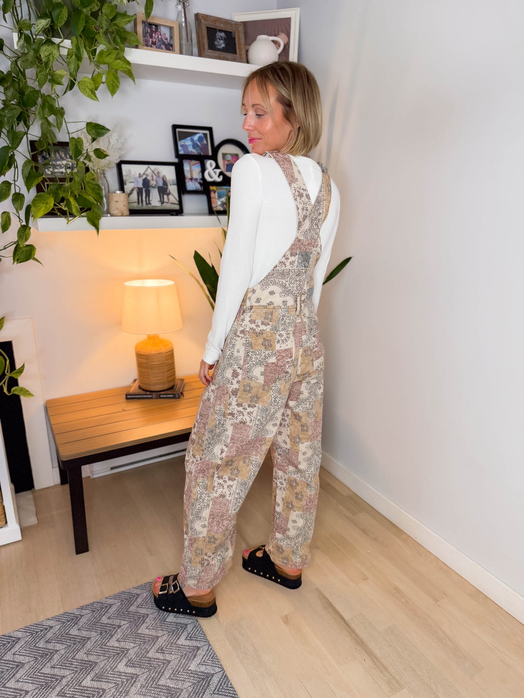 Fleur Vintage Floral Barrel Overalls- TAUPE MULTI