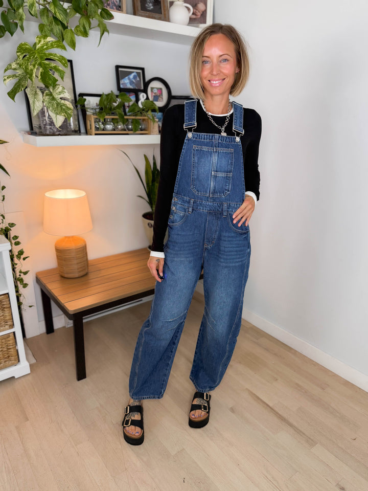Tiffany Denim Barrel Overalls- DARK WASH