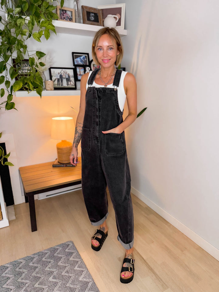 Shiloh Denim Washed Overalls- BLACK DENIM