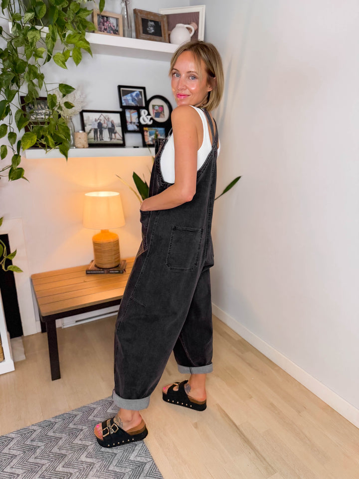 Shiloh Denim Washed Overalls- BLACK DENIM