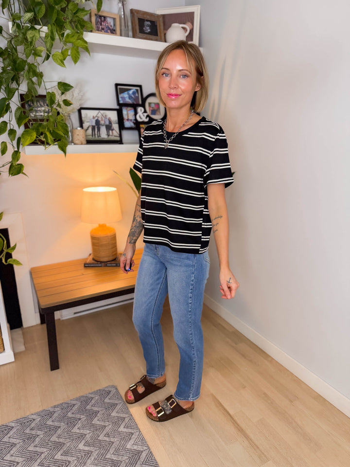 Tae Striped Cotton Blend Tee- BLACK