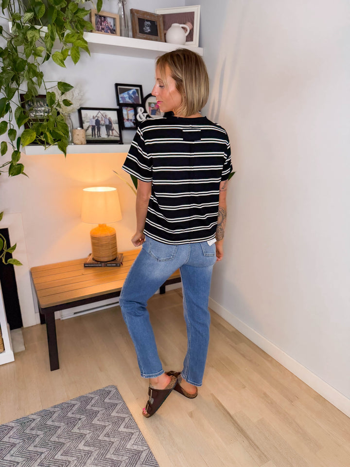 Tae Striped Cotton Blend Tee- BLACK
