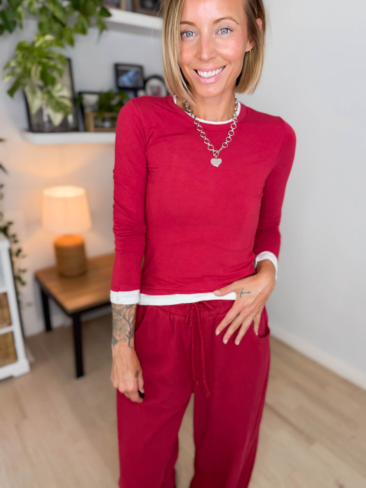 Foster Washed Barrel Pant Set- DARK RED