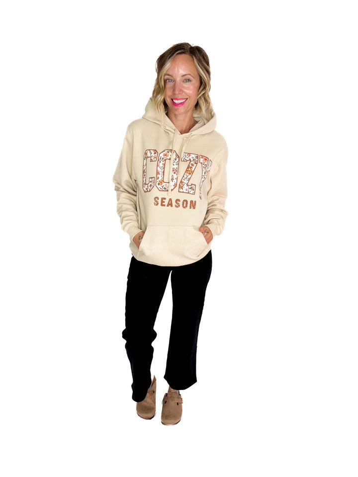Cozy Season Floral Graphic Hoodie- OATMEAL