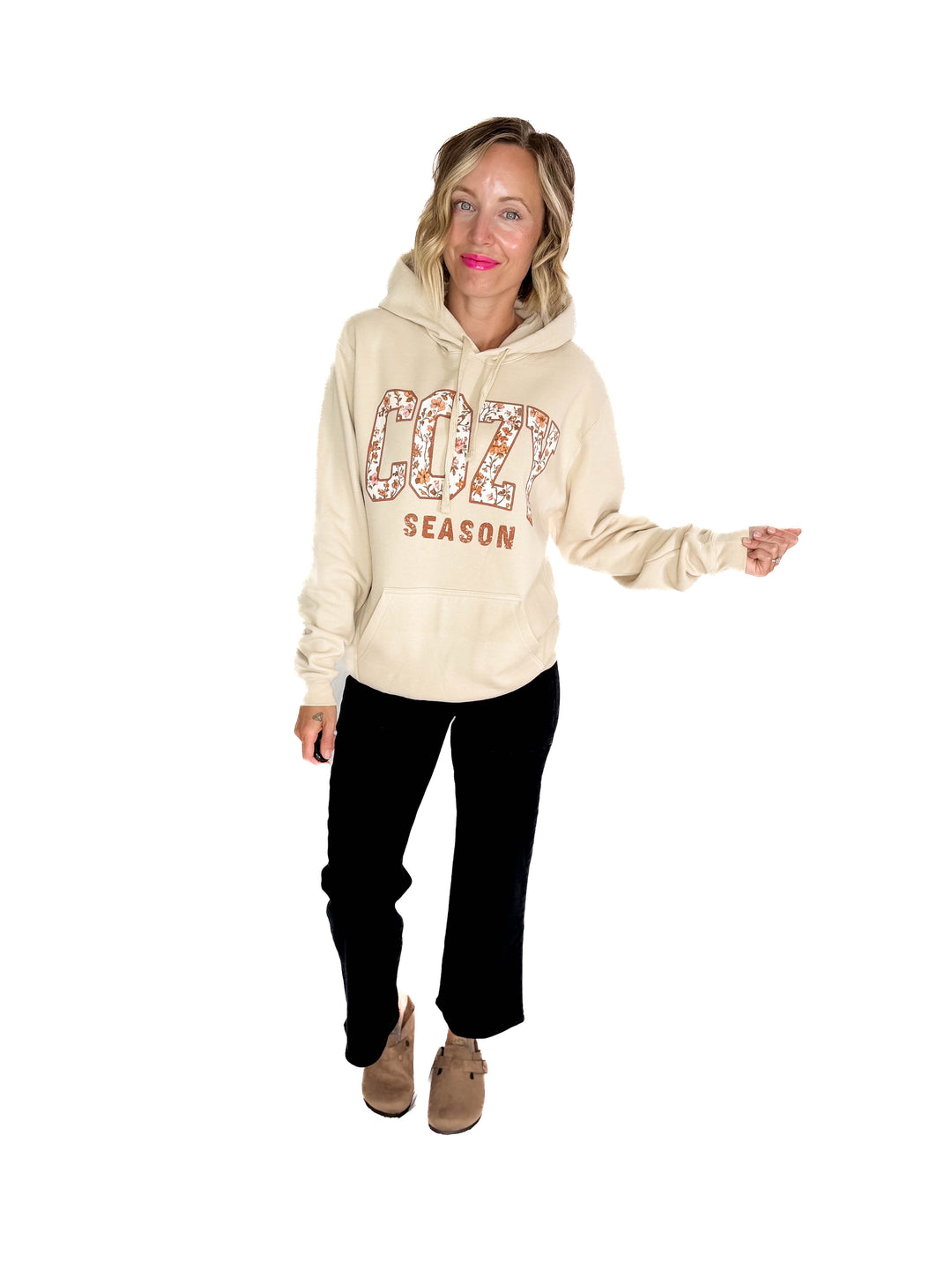 Cozy Season Floral Graphic Hoodie- OATMEAL