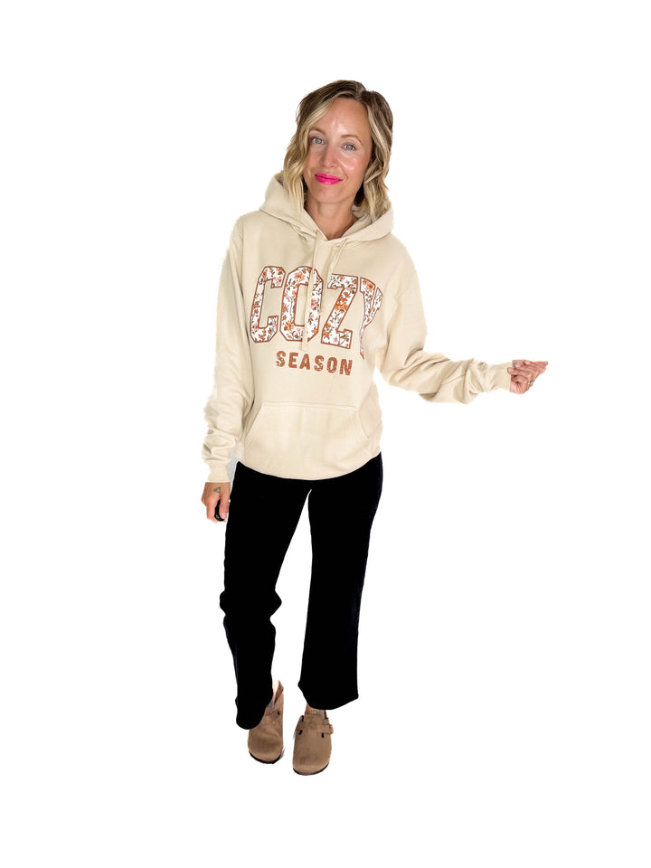 Cozy Season Floral Graphic Hoodie- OATMEAL