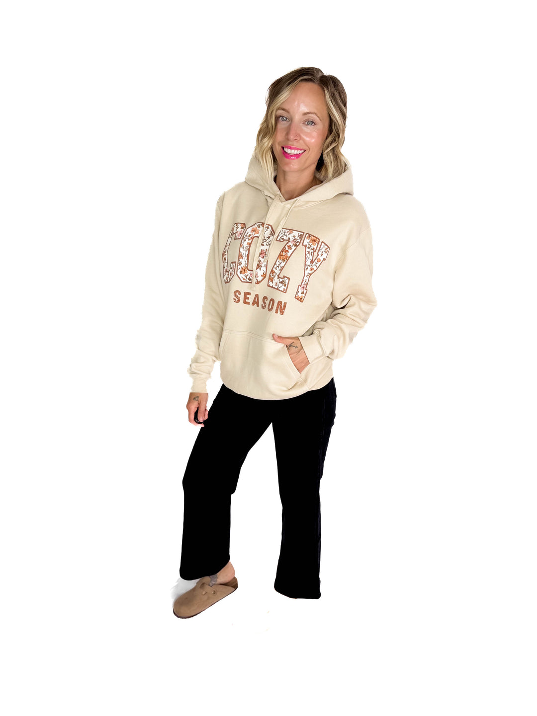 Cozy Season Floral Graphic Hoodie- OATMEAL