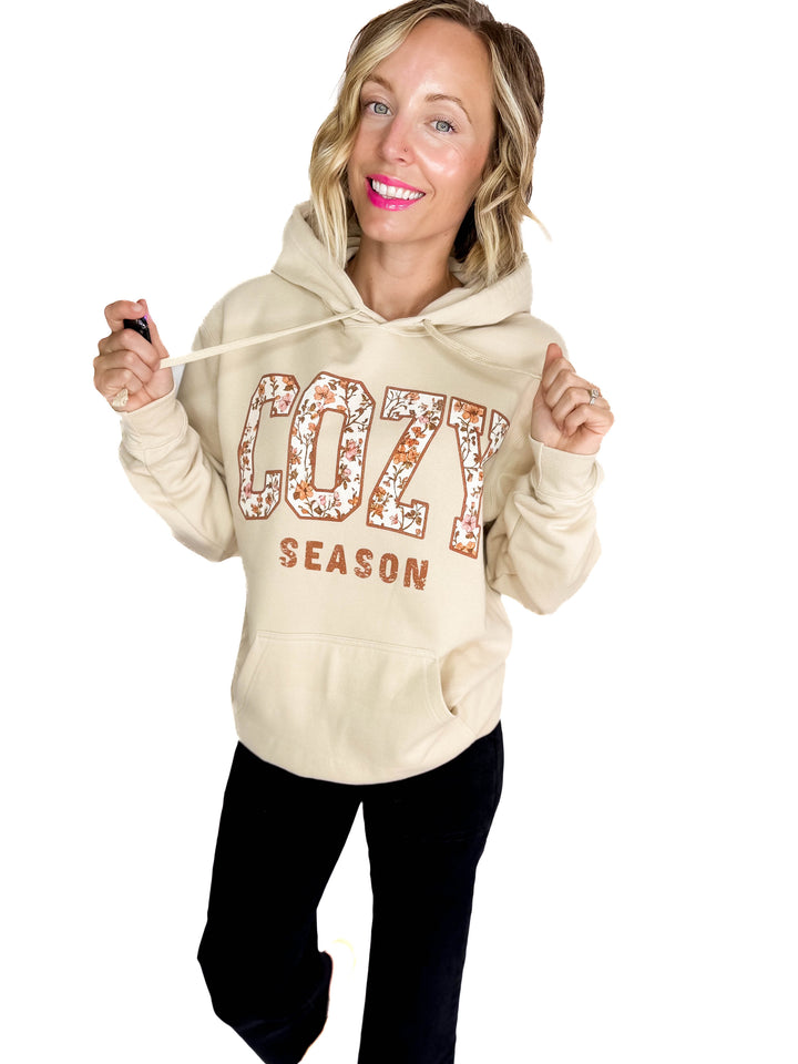 Cozy Season Floral Graphic Hoodie- OATMEAL