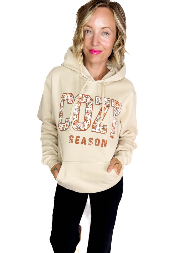 Cozy Season Floral Graphic Hoodie- OATMEAL