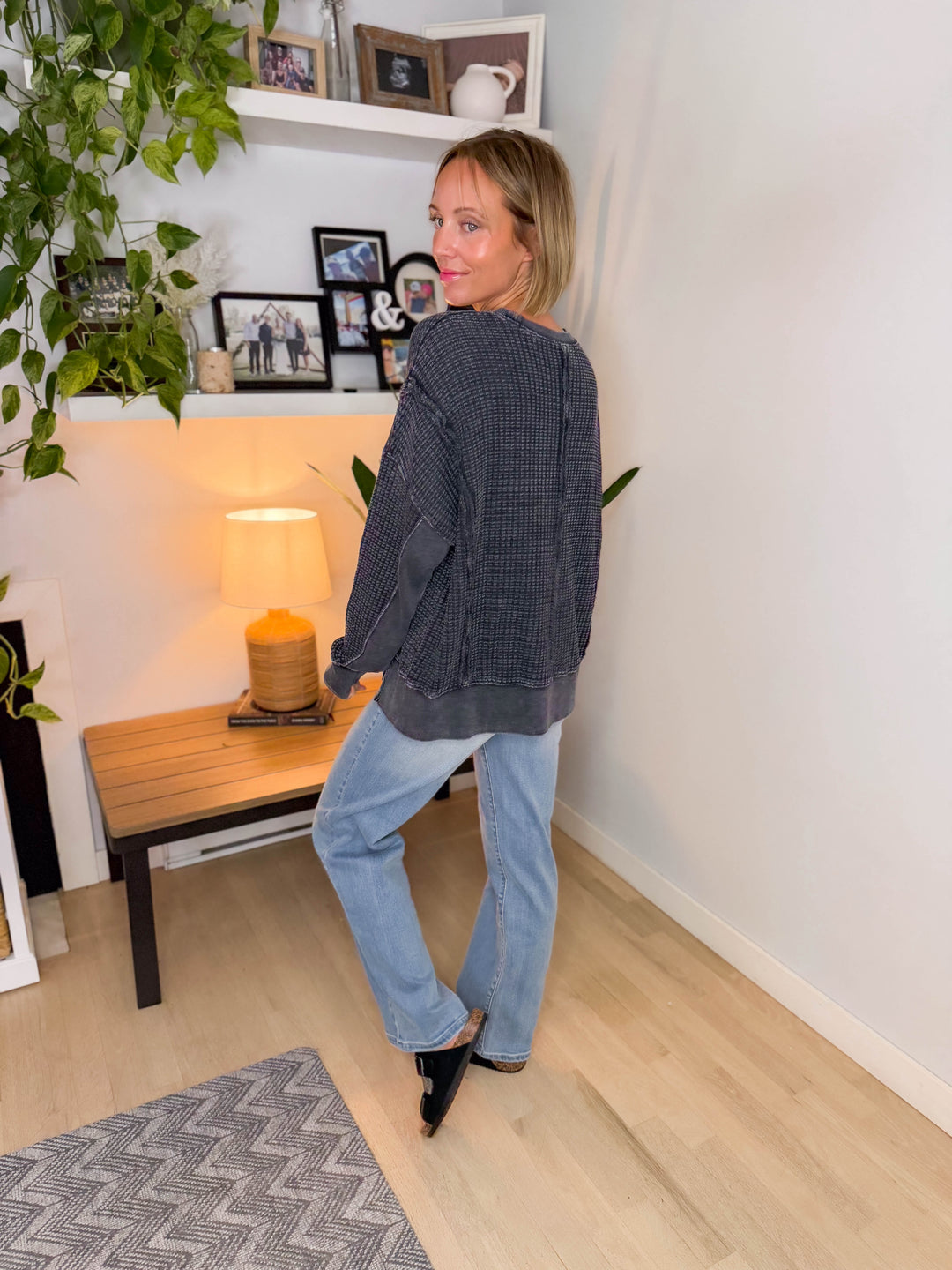 Lenay Mineral Washed Thermal Pullover- BLACK