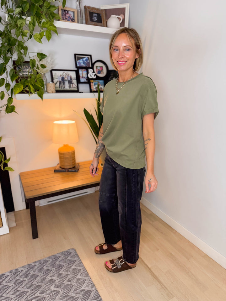 Tali Soft Cotton Blend Short Sleeve Tee- LIGHT OLIVE