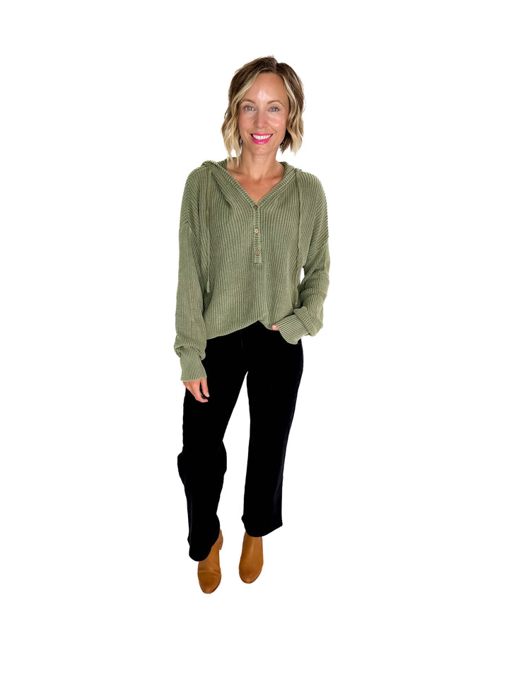 Maradith Chunky Knit Henley Sweater- SAGE