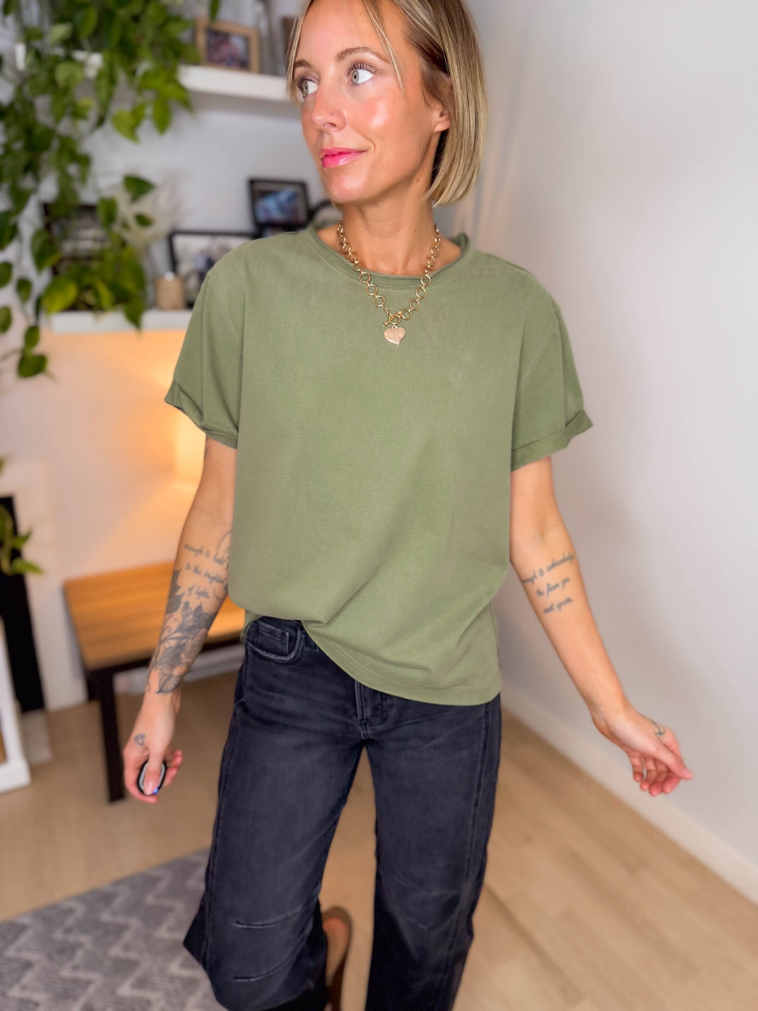 Tali Soft Cotton Blend Short Sleeve Tee- LIGHT OLIVE