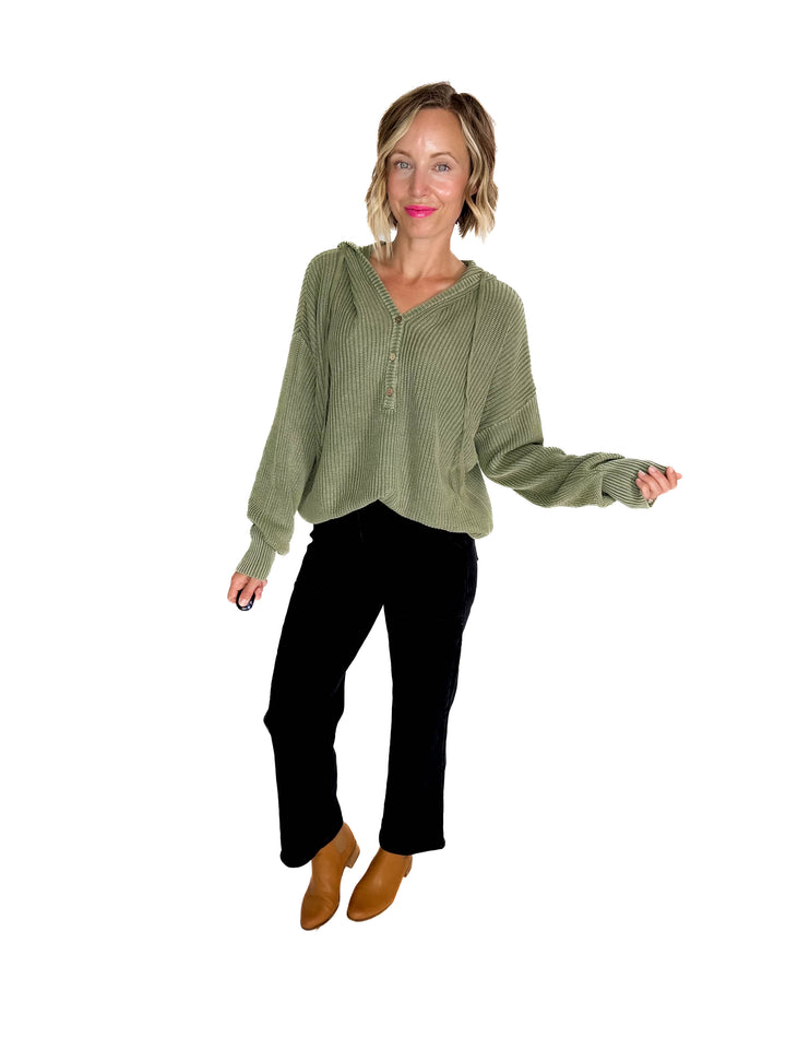 Maradith Chunky Knit Henley Sweater- SAGE