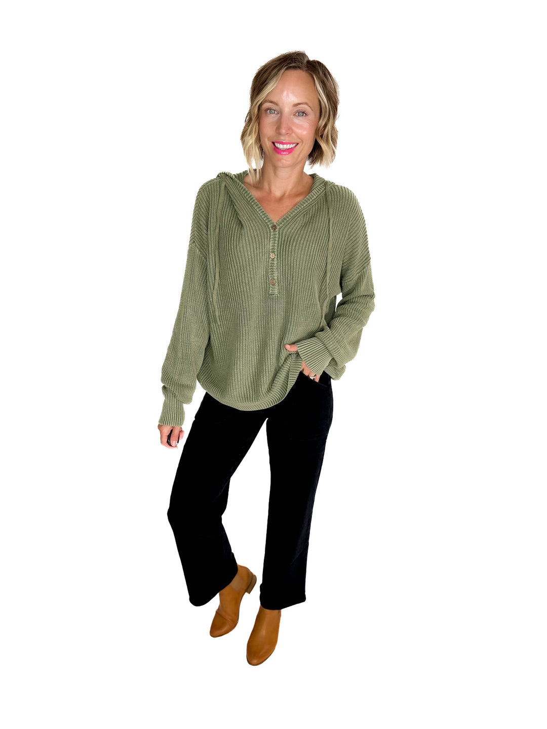 Maradith Chunky Knit Henley Sweater- SAGE