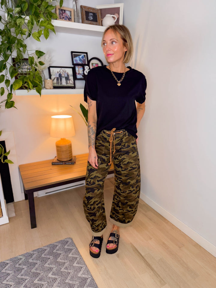 Brogan Tie Waist Camo Barrel Jeans