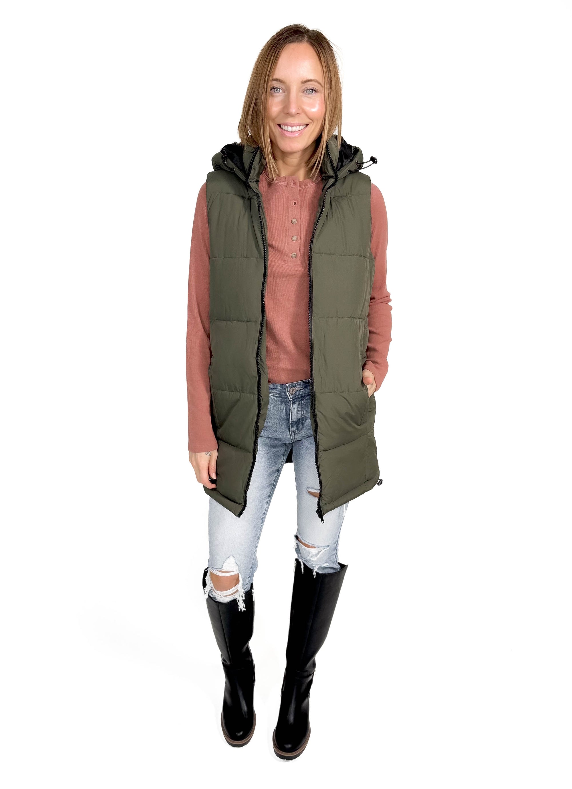 NOISY MAY Aurora Hooded Vest- DUSTY OLIVE-FINAL SALE