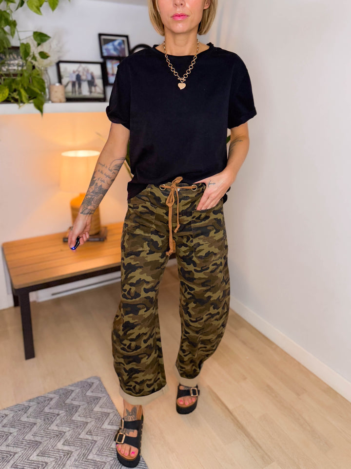 Brogan Tie Waist Camo Barrel Jeans