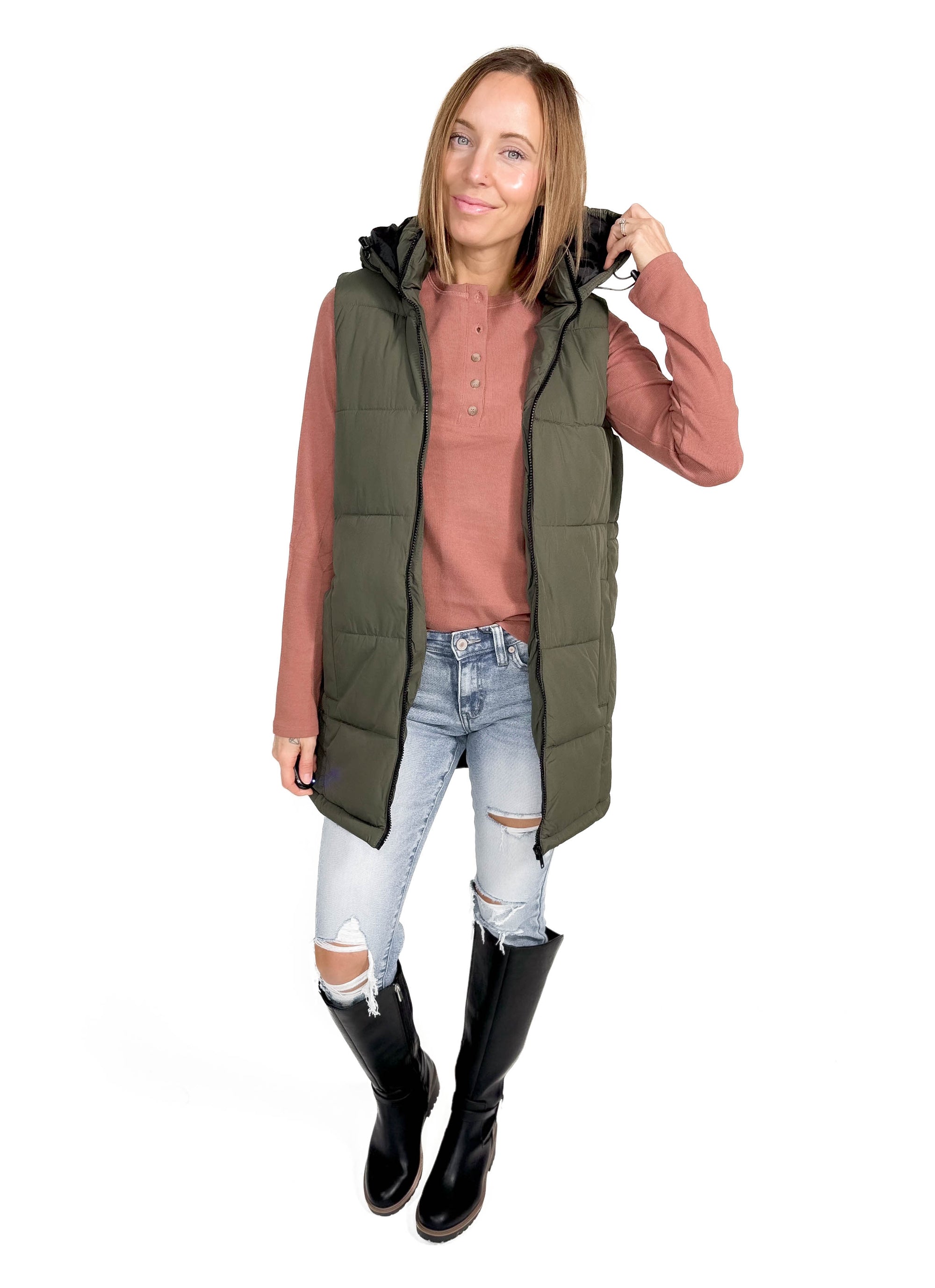 NOISY MAY Aurora Hooded Vest- DUSTY OLIVE-FINAL SALE