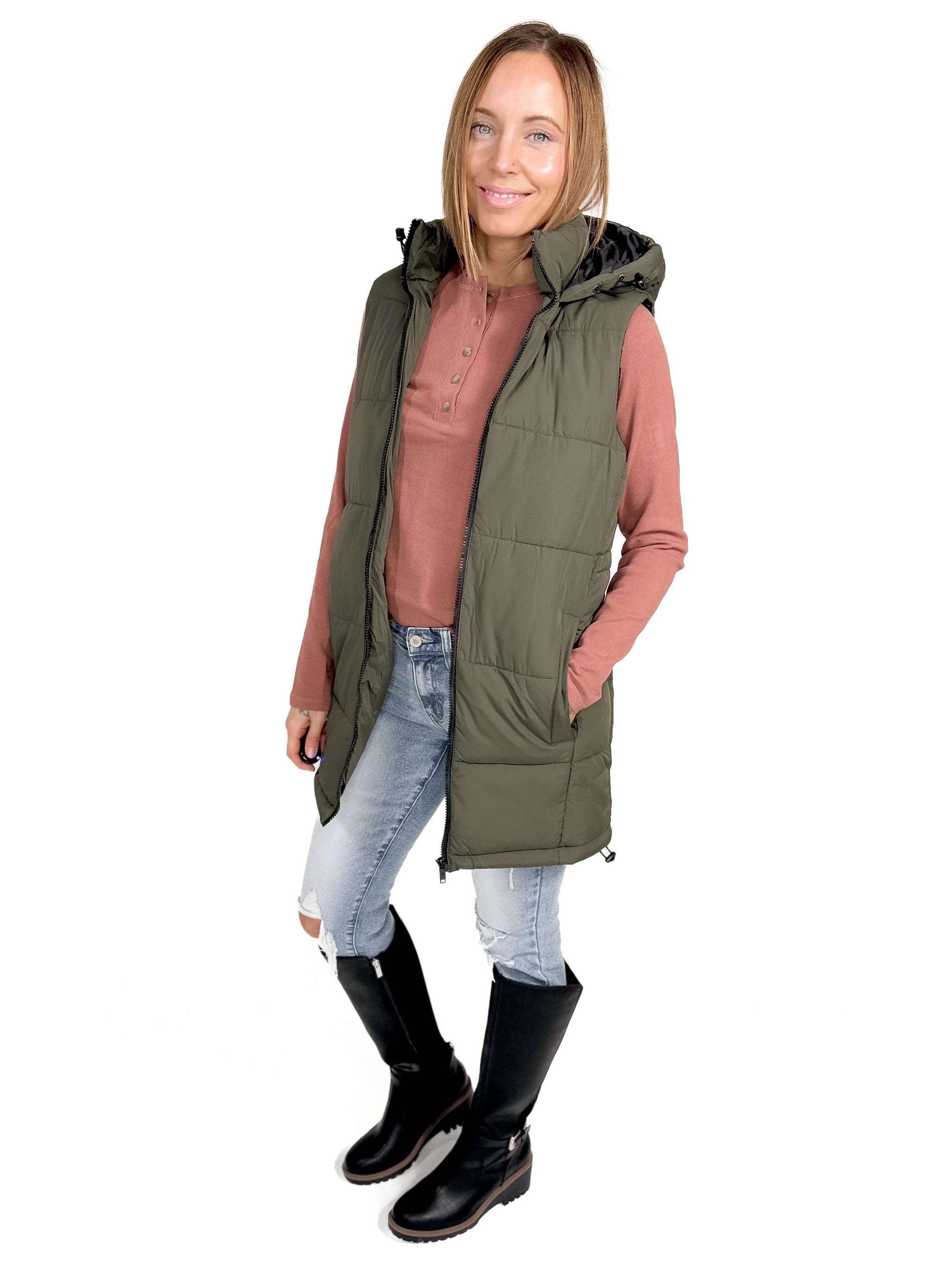 NOISY MAY Aurora Hooded Vest- DUSTY OLIVE-FINAL SALE