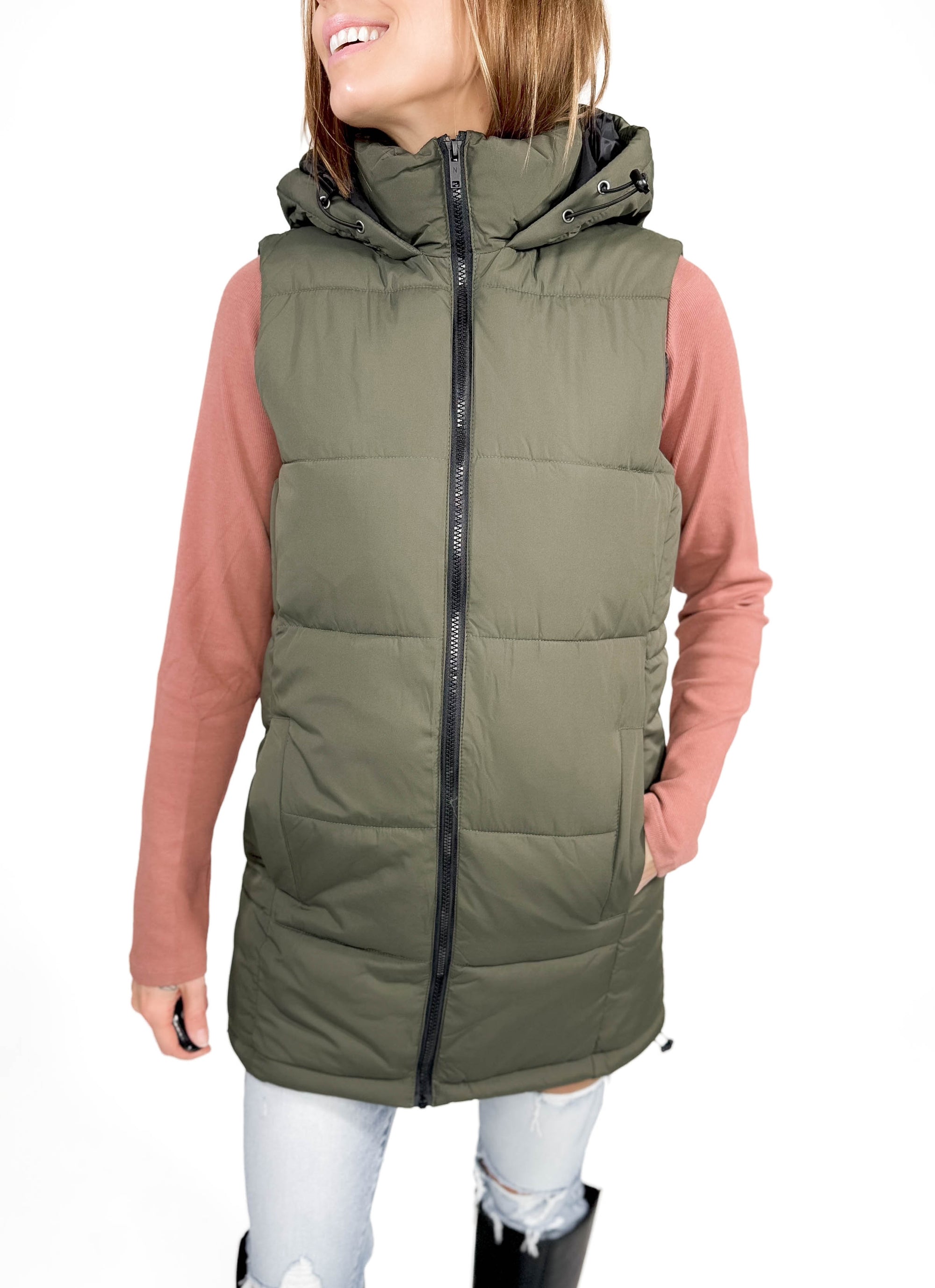 NOISY MAY Aurora Hooded Vest- DUSTY OLIVE-FINAL SALE