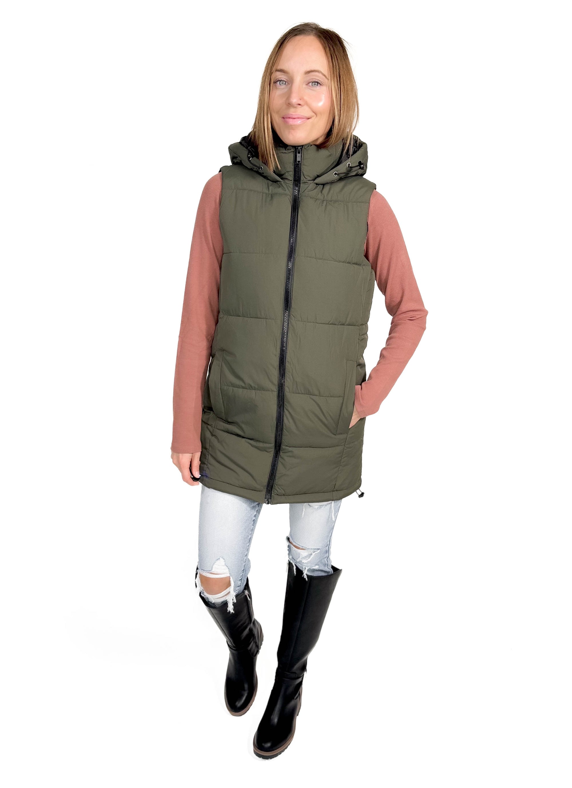 NOISY MAY Aurora Hooded Vest- DUSTY OLIVE-FINAL SALE