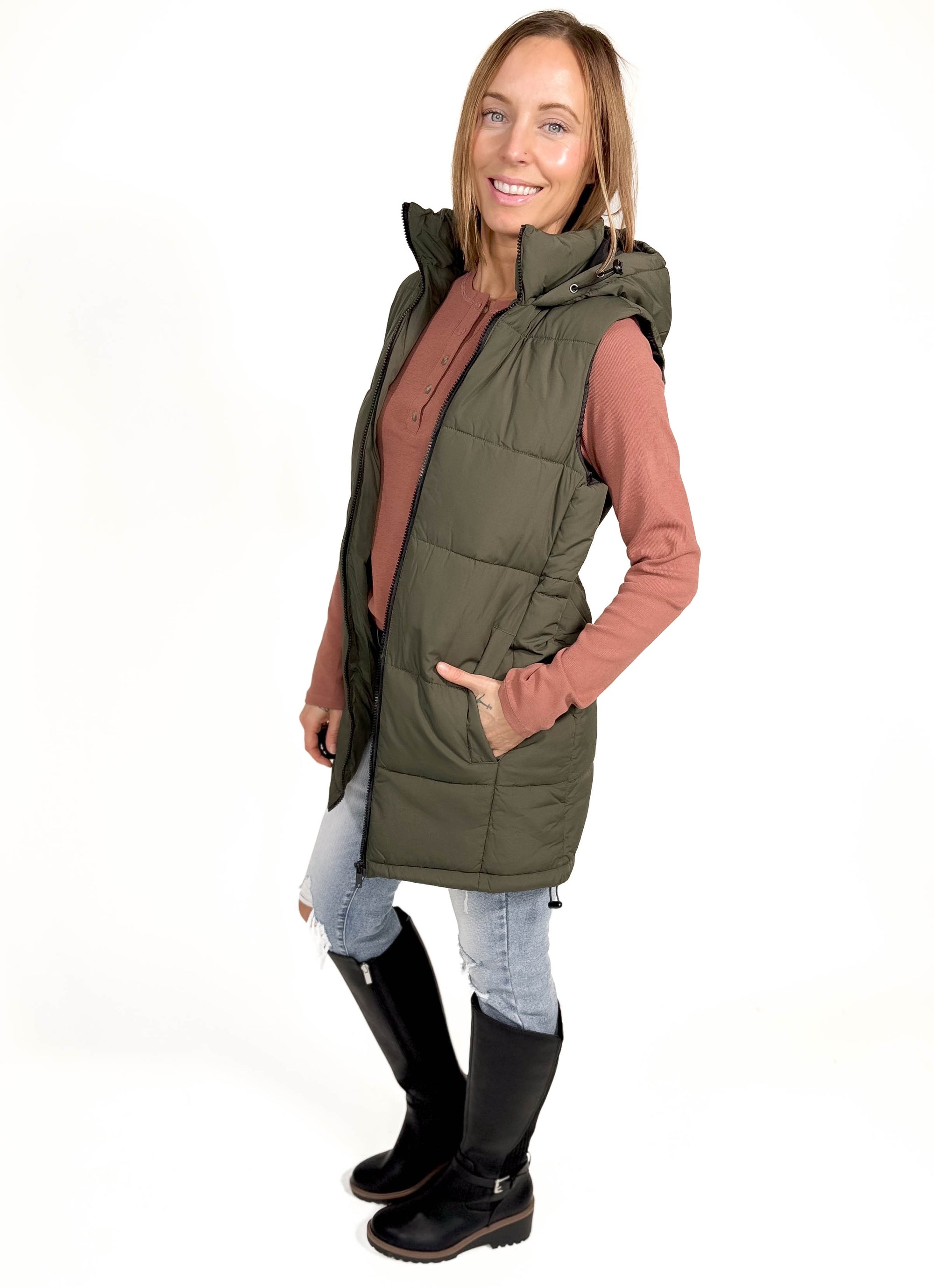 NOISY MAY Aurora Hooded Vest- DUSTY OLIVE-FINAL SALE