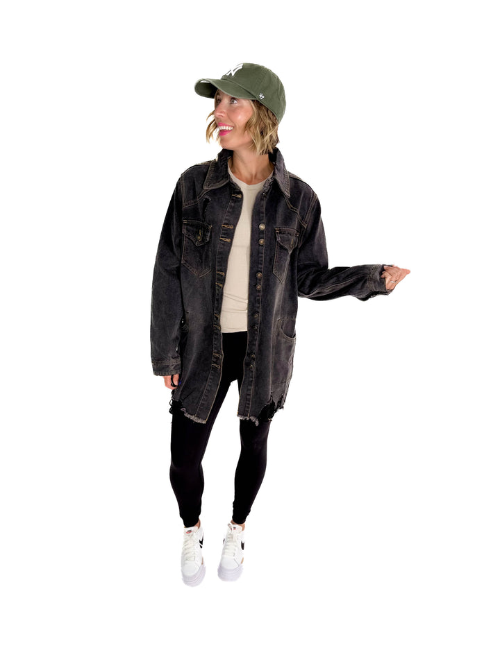 Benton Distressed Denim Jacket- BLACK