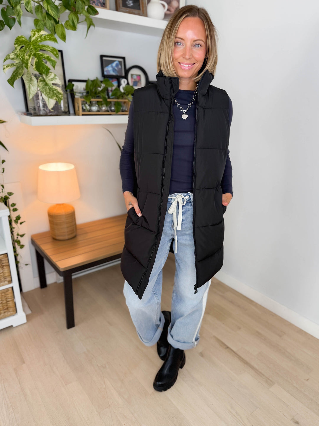 NOISY MAY Rosy Long Puffer Vest- BLACK