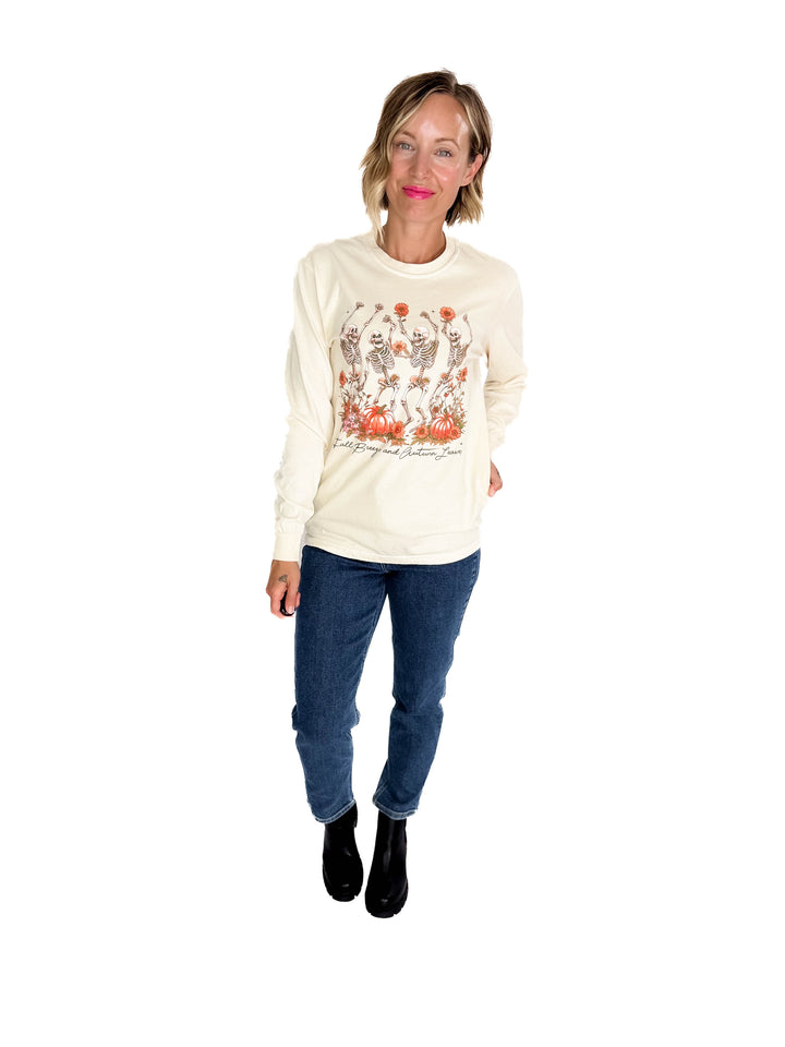Fall Breeze Dancing Skeletons Graphic Long Sleeve- SAND