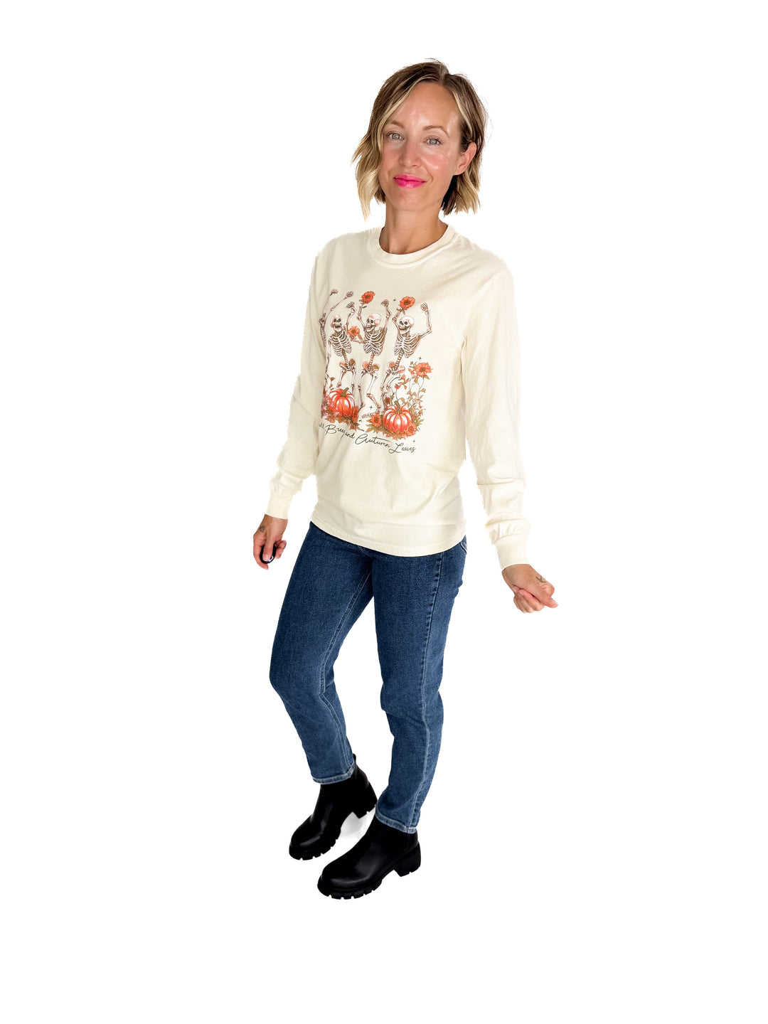 Fall Breeze Dancing Skeletons Graphic Long Sleeve- SAND