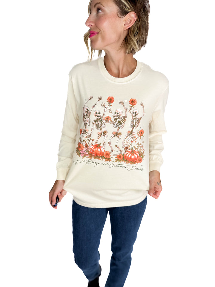 Fall Breeze Dancing Skeletons Graphic Long Sleeve- SAND