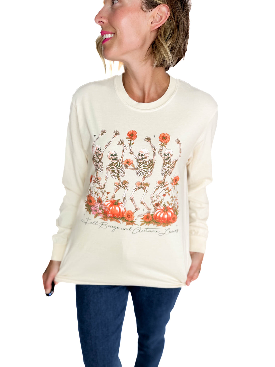 Fall Breeze Dancing Skeletons Graphic Long Sleeve- SAND